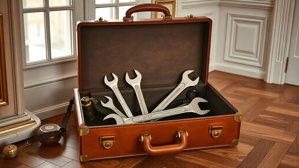 Sacoche d'outils de plomberie ouverte sur un parquet en point de Hongrie à Versailles
