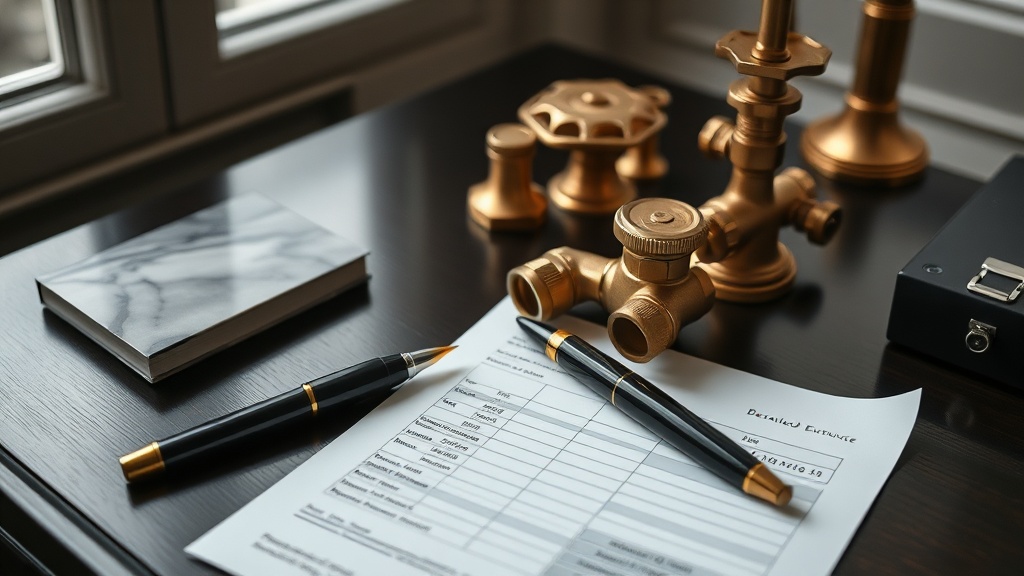 Calculatrice, devis et outils de plomberie posés sur un plan de travail à Versailles